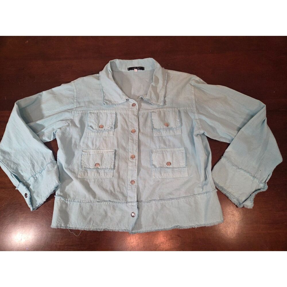 ​Giocam Light Blue Raw Hem Utility Shacket Jacket Womens Small S Boho Raw Fringe